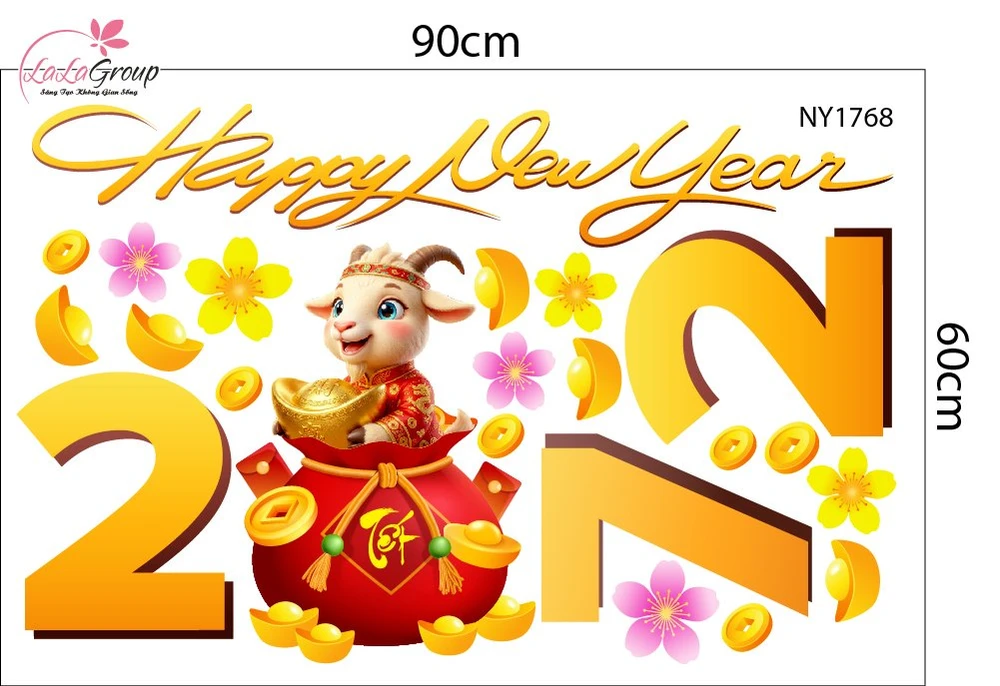 Decal Trang Trí Tết Happy New Year 2027 Và Túi Tiền Vàng Tài Lộc