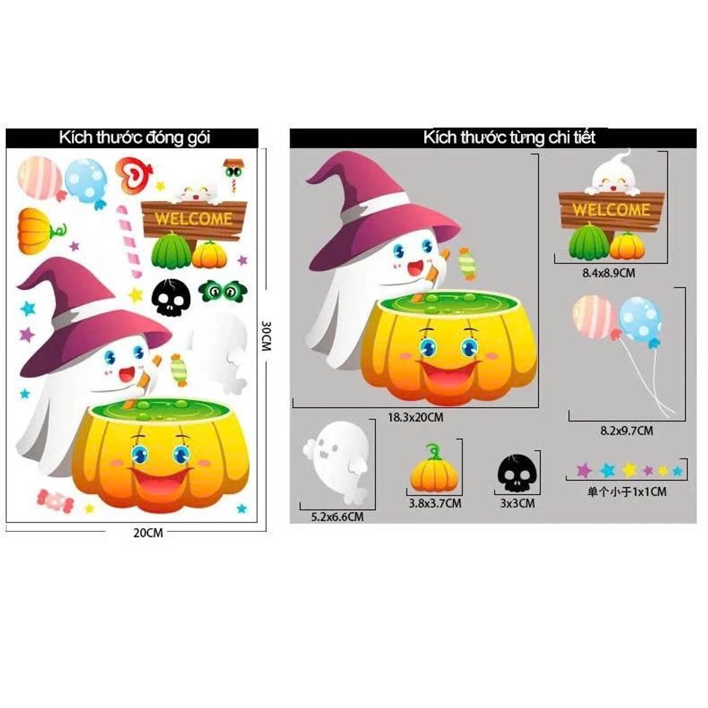 Combo 4 Tấm Decal 2 Mặt Trang Trí Halloween Thần Chết Đáng Yêu Vui Chơi Cùng Các Bạn