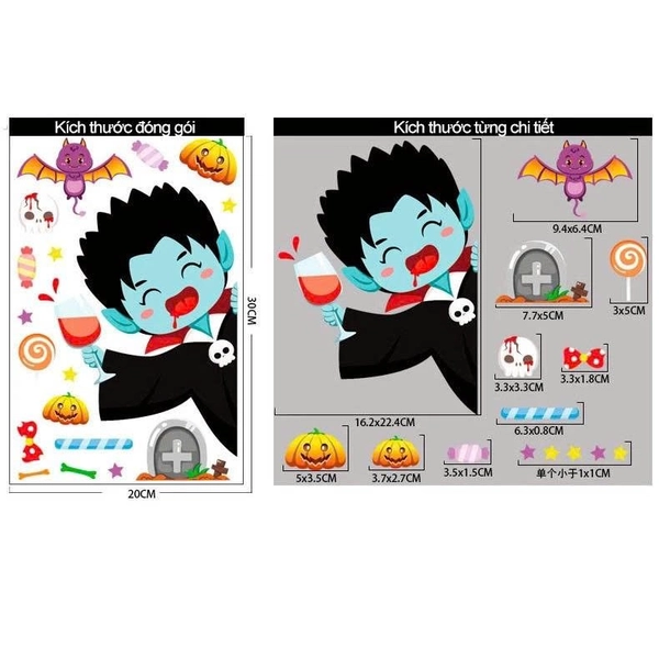 Combo 4 Tấm Decal 2 Mặt Trang Trí Halloween Thần Chết Đáng Yêu Vui Chơi Cùng Các Bạn
