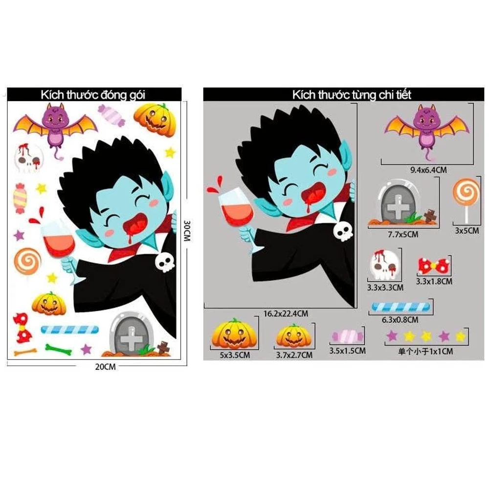 Combo 4 Tấm Decal 2 Mặt Trang Trí Halloween Thần Chết Đáng Yêu Vui Chơi Cùng Các Bạn