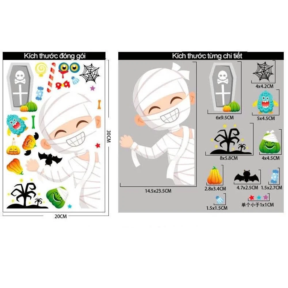Decal 2 Mặt Halloween Thần Chết Đáng Yêu Không Keo Chuyên Dán Kính Size nhỏ 20x30cm
