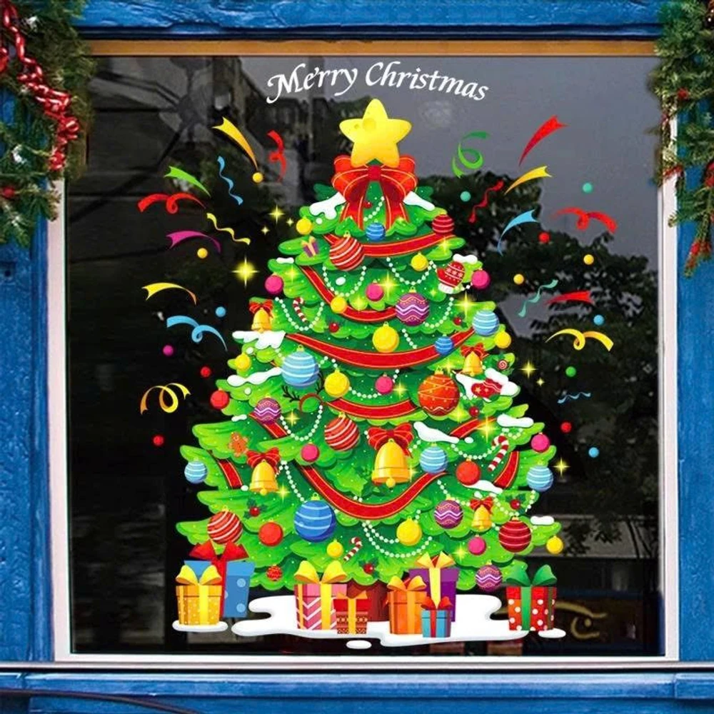Decal tĩnh điện 2 mặt trang trí noel Cây thông giáng sinh nhiều phụ kiện và hoa tuyết rơi