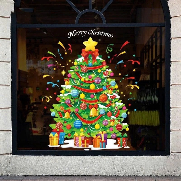 Decal tĩnh điện 2 mặt trang trí noel Cây thông giáng sinh nhiều phụ kiện và hoa tuyết rơi