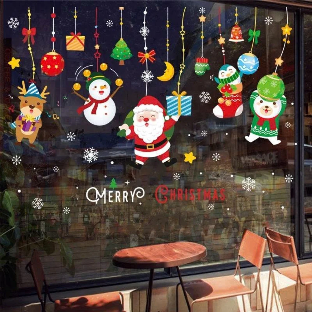Decal tĩnh điện 2 mặt trang trí noel Dây Treo Ông Già Noel Và Những Người Bạn