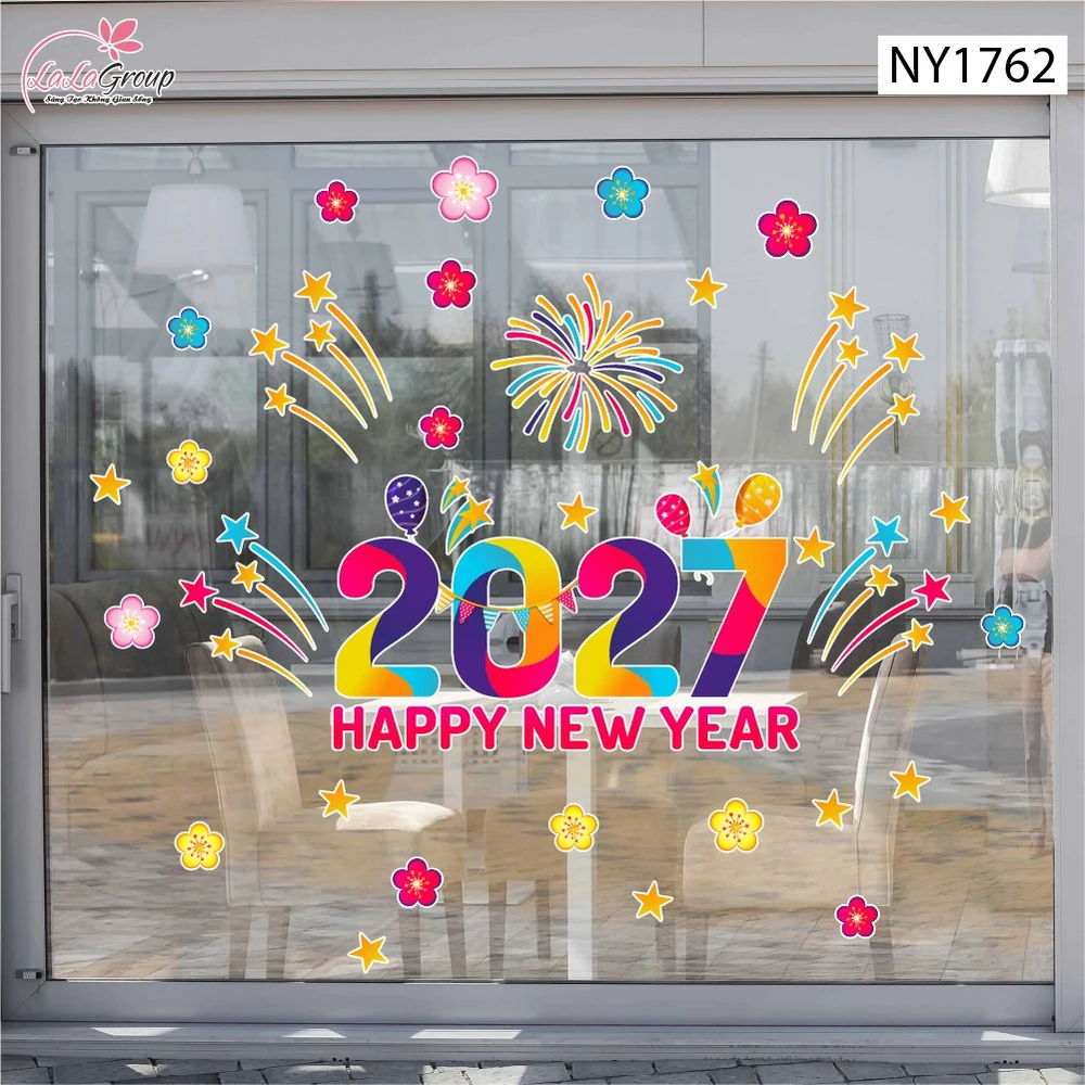 Decal Trang Trí Tết Happy New Year 2027 Và Pháo Hoa Sắc Màu
