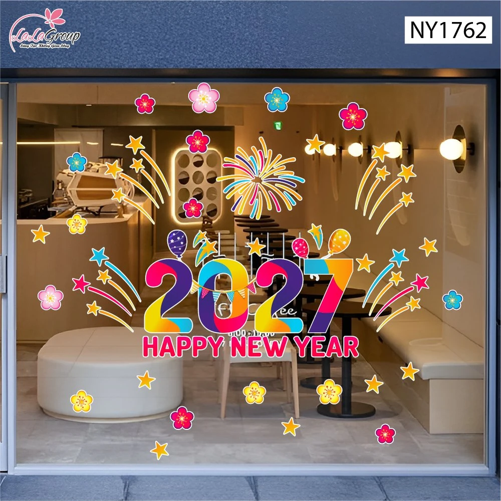 Decal Trang Trí Tết Happy New Year 2027 Và Pháo Hoa Sắc Màu