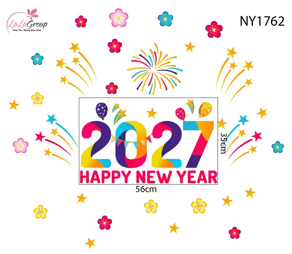 Decal Trang Trí Tết Happy New Year 2027 Và Pháo Hoa Sắc Màu