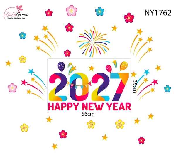 Decal Trang Trí Tết Happy New Year 2027 Và Pháo Hoa Sắc Màu