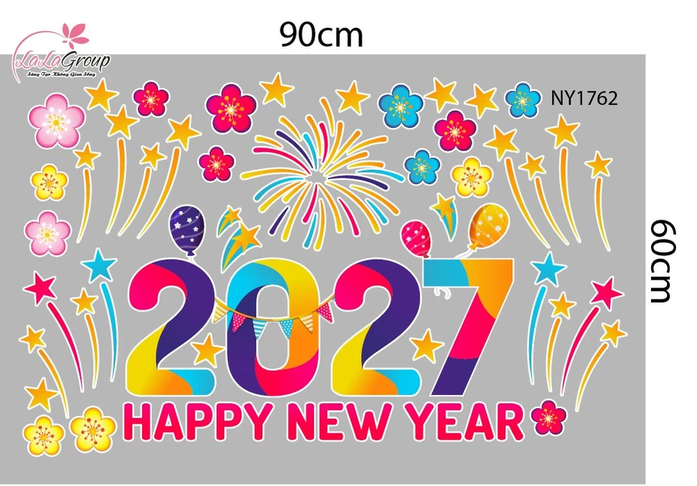 Decal Trang Trí Tết Happy New Year 2027 Và Pháo Hoa Sắc Màu