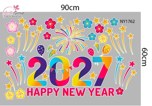 Decal Trang Trí Tết Happy New Year 2027 Và Pháo Hoa Sắc Màu