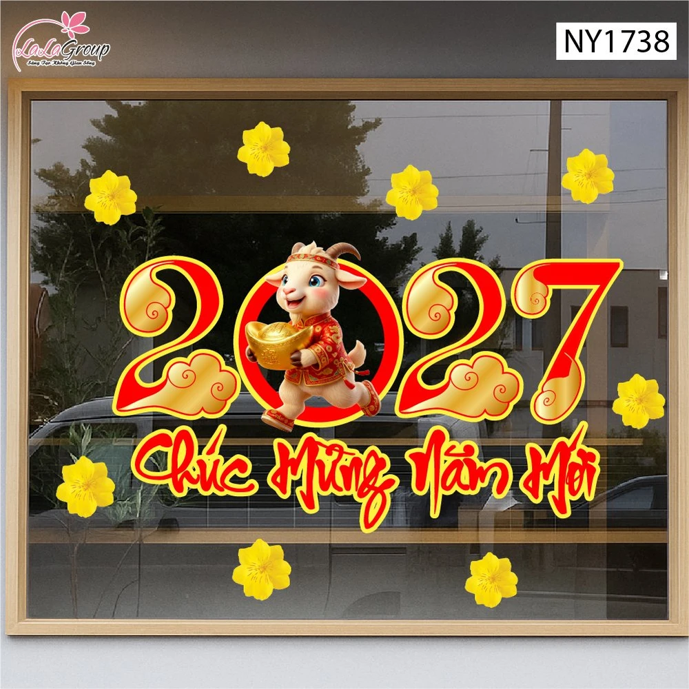 Decal Trang Trí Tết Chúc Mừng Năm Mới 2027 Và Mai Vàng