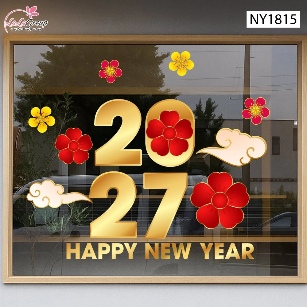 Decal Trang Trí Tết Happy New Year 2027 Và Mai Đào Đón Xuân