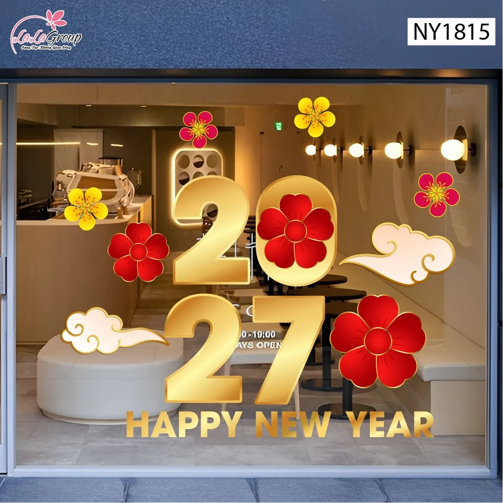 Decal Trang Trí Tết Happy New Year 2027 Và Mai Đào Đón Xuân