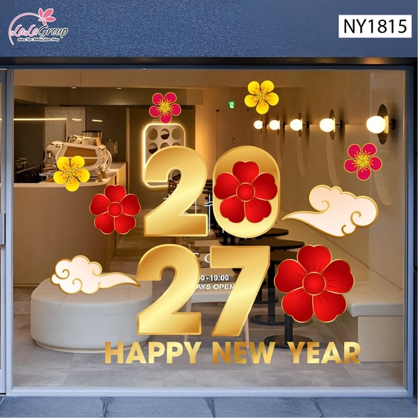 Decal Trang Trí Tết Happy New Year 2027 Và Mai Đào Đón Xuân
