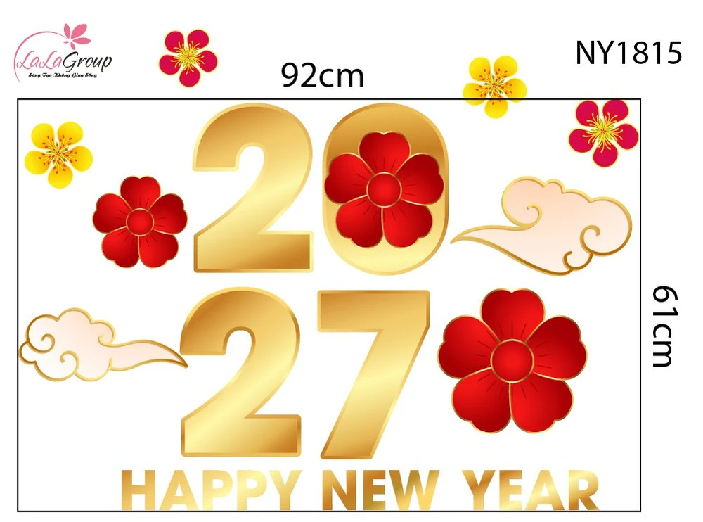 Decal Trang Trí Tết Happy New Year 2027 Và Mai Đào Đón Xuân