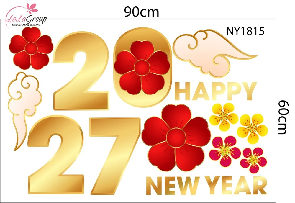 Decal Trang Trí Tết Happy New Year 2027 Và Mai Đào Đón Xuân