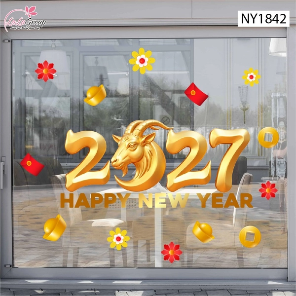 Decal Trang Trí Tết Happy New Year 2027 Dê Vàng Rước Lộc