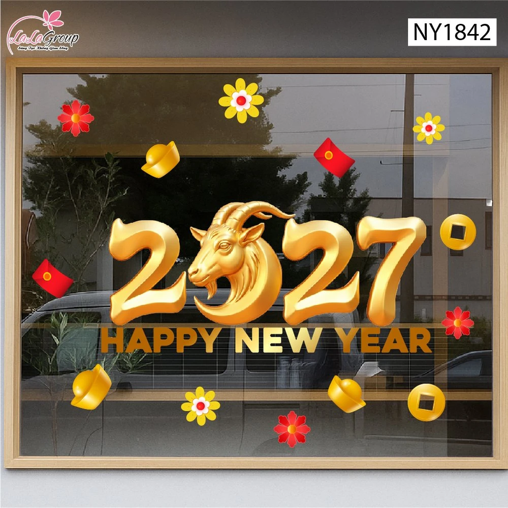 Decal Trang Trí Tết Happy New Year 2027 Dê Vàng Rước Lộc