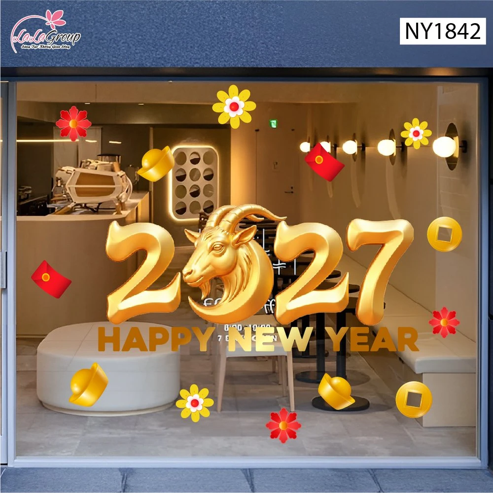 Decal Trang Trí Tết Happy New Year 2027 Dê Vàng Rước Lộc
