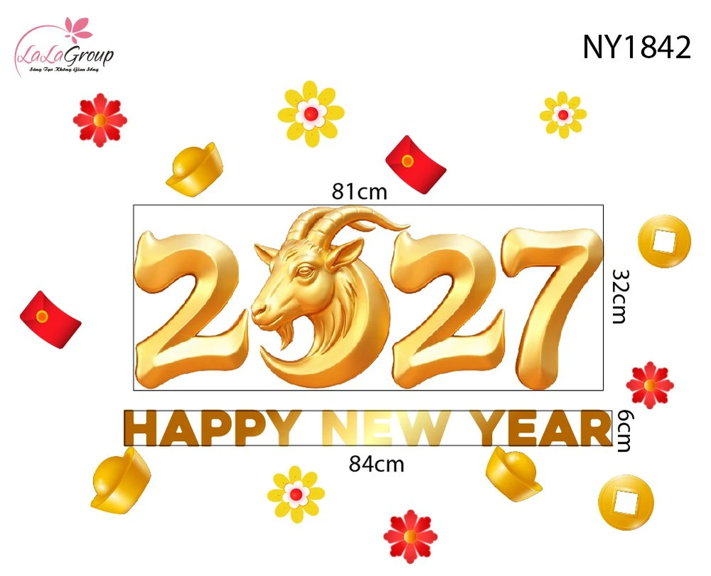 Decal Trang Trí Tết Happy New Year 2027 Dê Vàng Rước Lộc