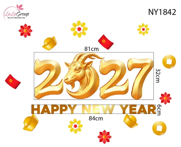 Decal Trang Trí Tết Happy New Year 2027 Dê Vàng Rước Lộc