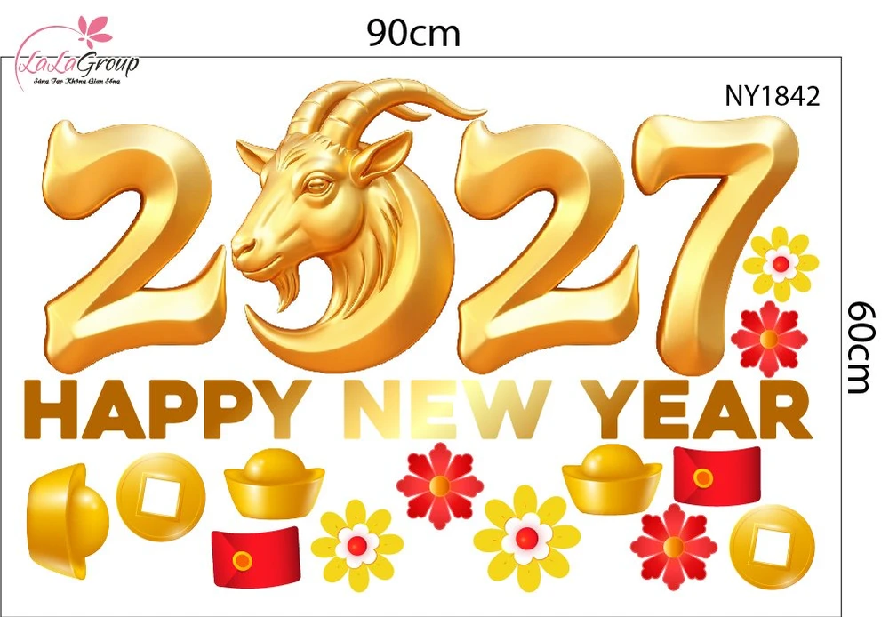 Decal Trang Trí Tết Happy New Year 2027 Dê Vàng Rước Lộc