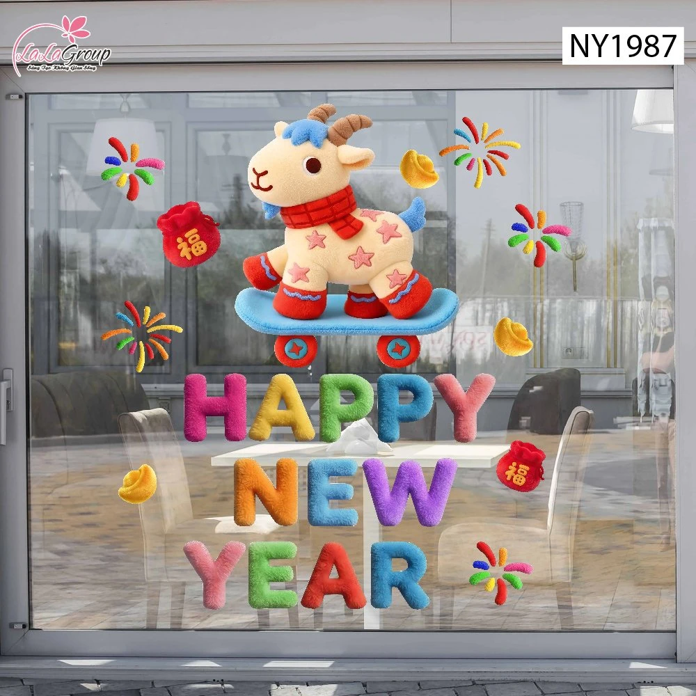 Decal Dán Kính Trang Trí Tết Happy New Year Chú Dê May Mắn
