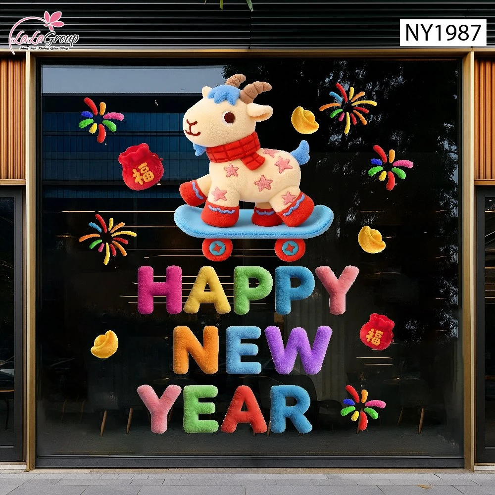 Decal Dán Kính Trang Trí Tết Happy New Year Chú Dê May Mắn