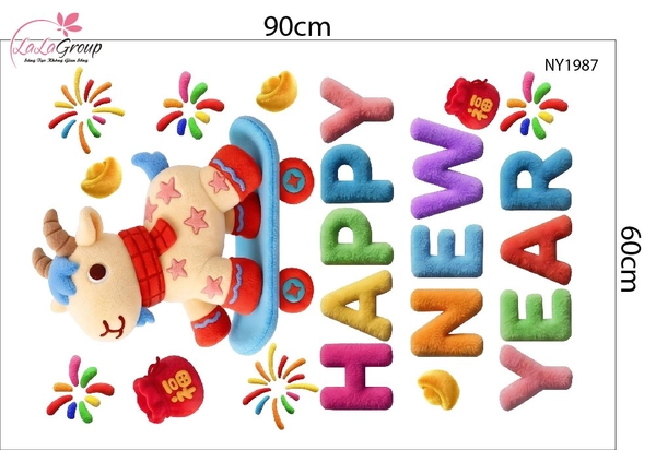 Decal Dán Kính Trang Trí Tết Happy New Year Chú Dê May Mắn