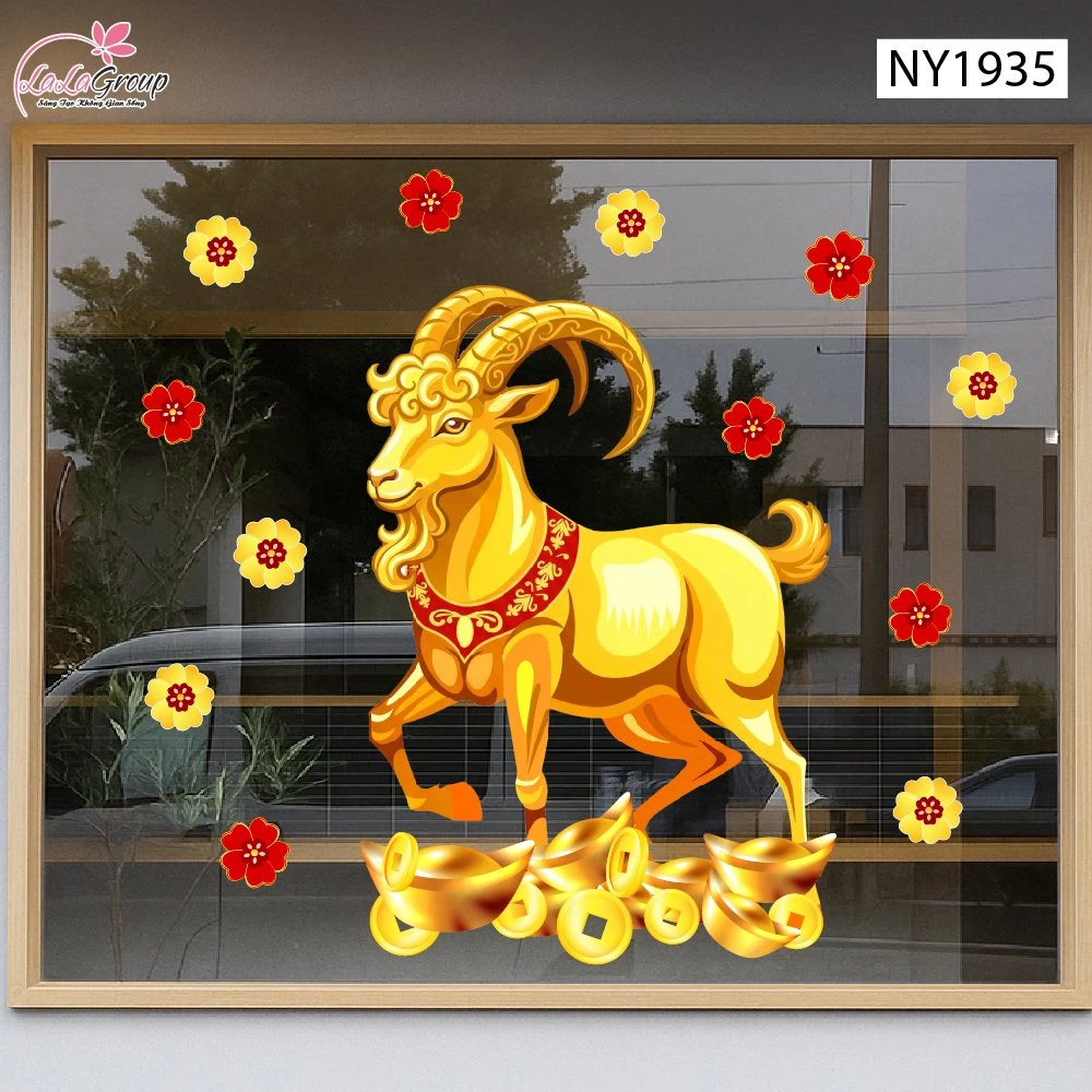 Decal Trang Trí Tết Dê Vàng Vui Xuân Bên Mai Đào