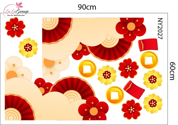 Decal Tết Chân Tường Quạt Đỏ Và Lì Xì May Mắn