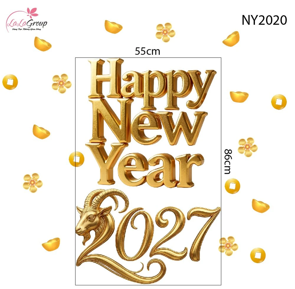 Decal Tết Happy New Year 2027 Chữ Vàng