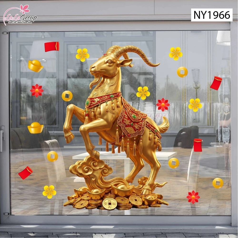 Decal Trang Trí Tết Đinh Mùi 2027 Và Đào Đỏ Phú Quý