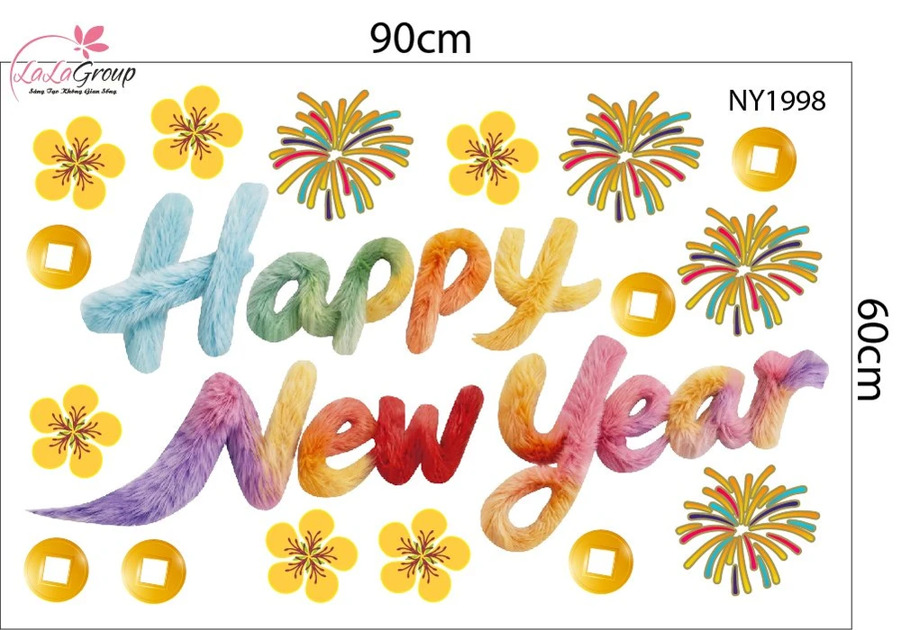 Decal Dán Kính Trang Trí Tết Happy New Year Khai Xuân Phát Tài