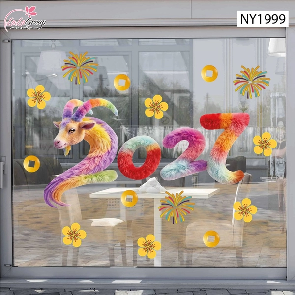 Decal Dán Kính Trang Trí Tết Dê Vàng Rước Lộc