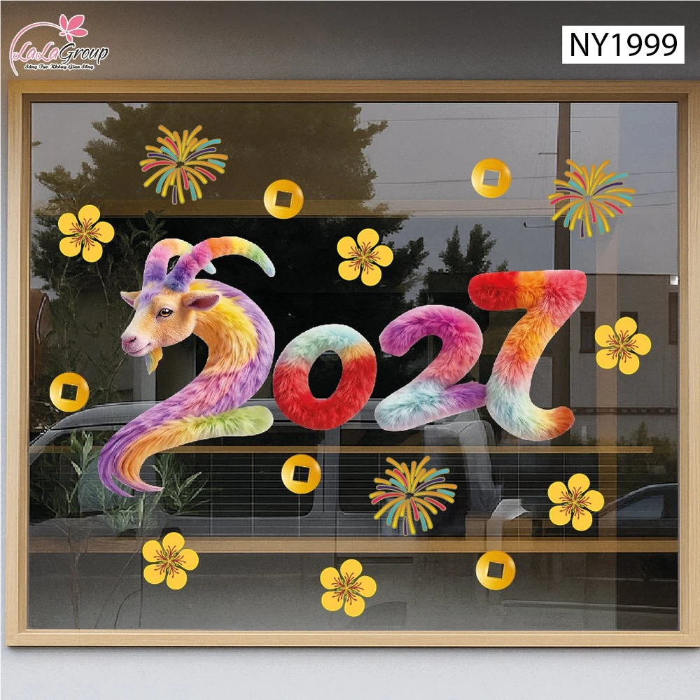 Decal Dán Kính Trang Trí Tết Dê Vàng Rước Lộc