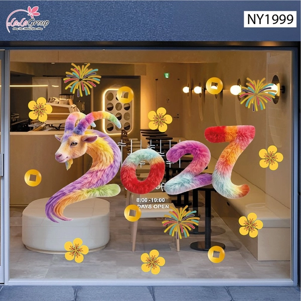 Decal Dán Kính Trang Trí Tết Dê Vàng Rước Lộc