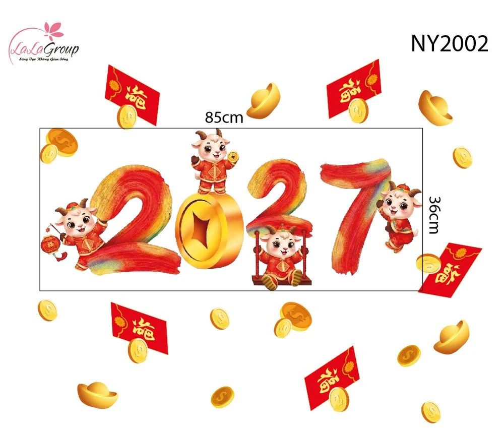 Decal Trang Trí Tết Dê Vàng Vui Xuân Và Lì Xì Đỏ Rước Lộc Đầu Năm
