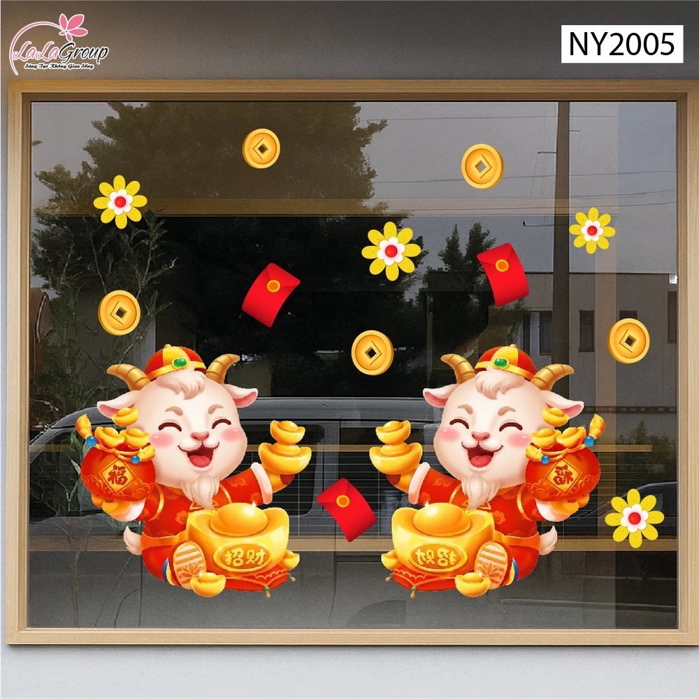 Decal Trang Trí Tết Đôi Dê Vàng Vui Xuân Tài Lộc Sum Vầy