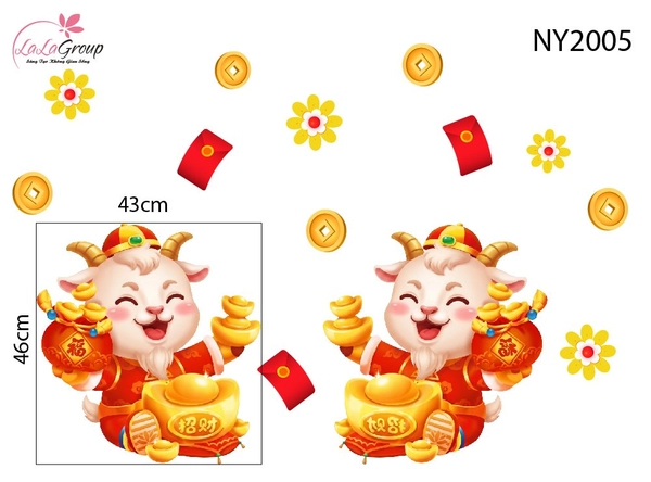 Decal Trang Trí Tết Đôi Dê Vàng Vui Xuân Tài Lộc Sum Vầy