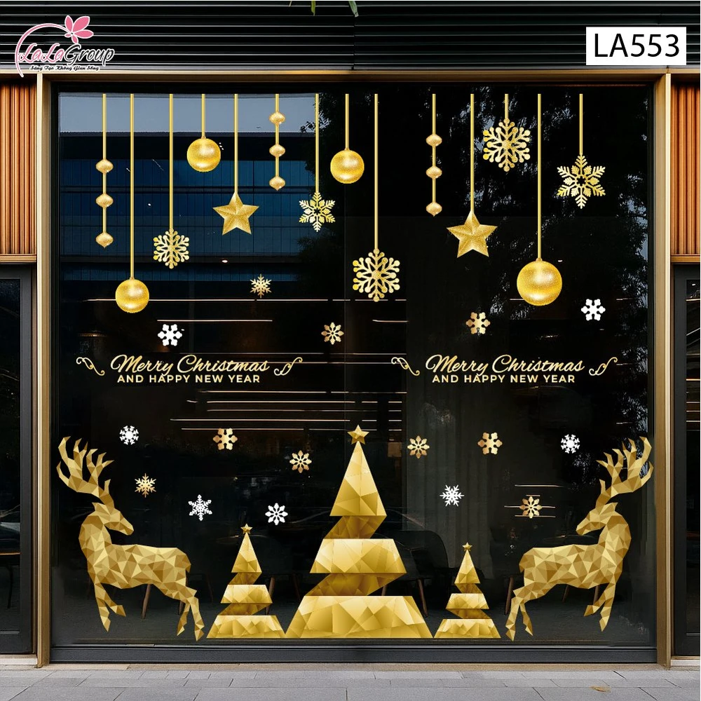 Combo Decal Trang Trí Noel Tuần Lộc Và Cây Thông Vàng Merry Christmas