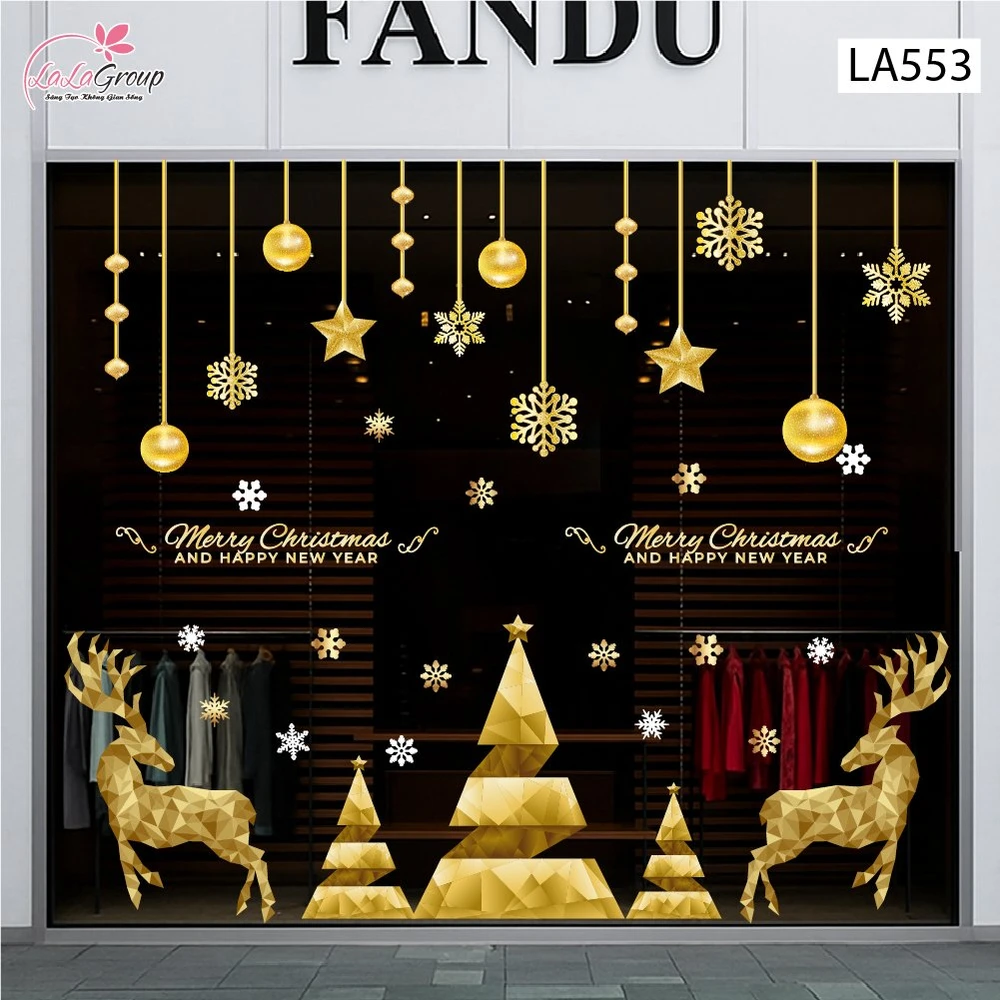 Combo Decal Trang Trí Noel Tuần Lộc Và Cây Thông Vàng Merry Christmas