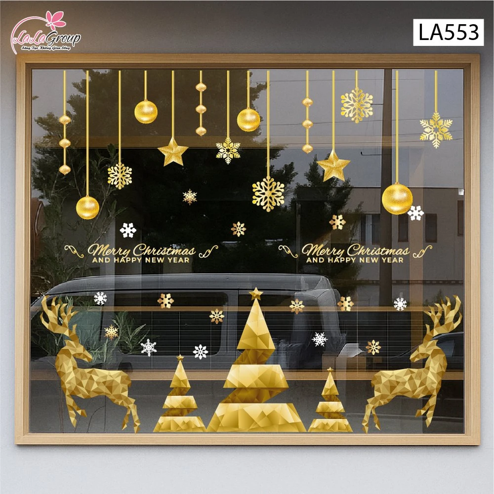 Combo Decal Trang Trí Noel Tuần Lộc Và Cây Thông Vàng Merry Christmas