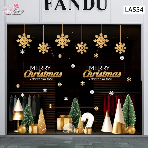 Combo Decal Trang Trí Noel Merry Christmas Và Hoa Tuyết Vàng Lấp Lánh