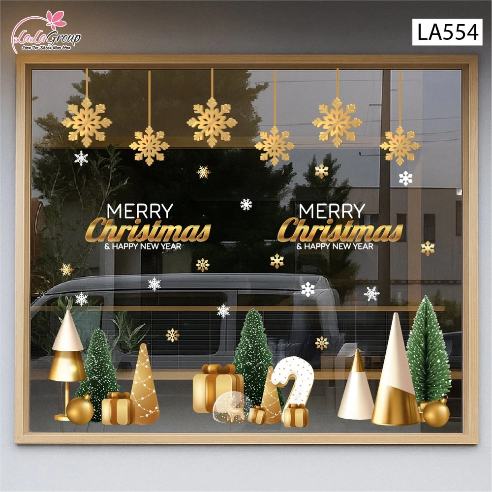 Combo Decal Trang Trí Noel Merry Christmas Và Hoa Tuyết Vàng Lấp Lánh