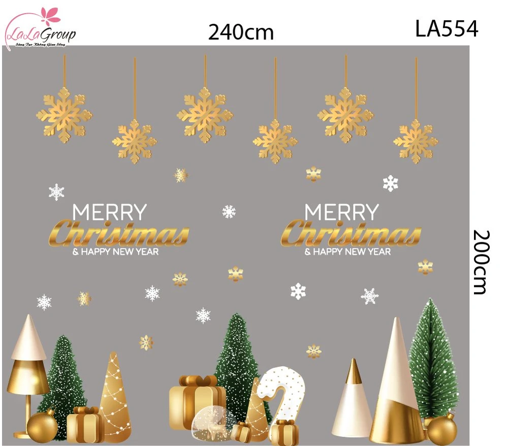 Combo Decal Trang Trí Noel Merry Christmas Và Hoa Tuyết Vàng Lấp Lánh