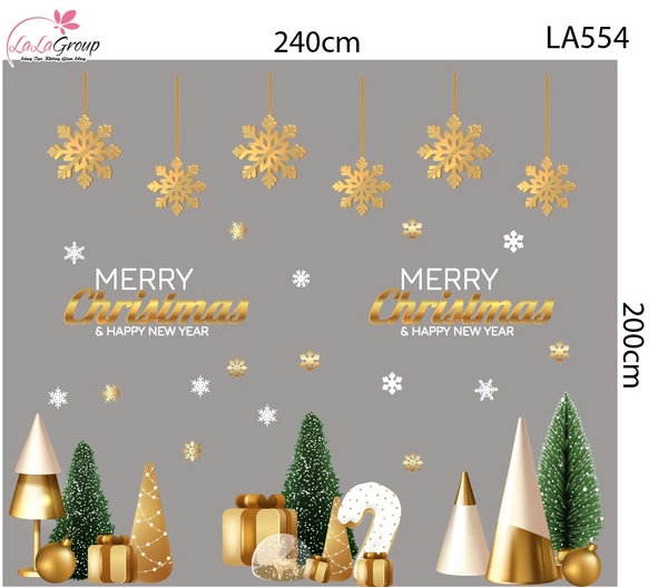 Combo Decal Trang Trí Noel Merry Christmas Và Hoa Tuyết Vàng Lấp Lánh