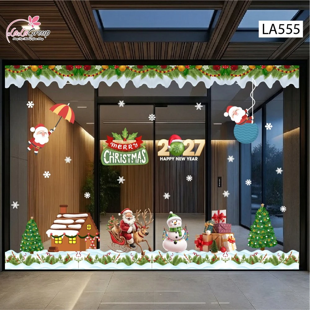 Combo Decal Trang Trí Noel Ông Già Noel Cưỡi Tuần Lộc Và Người Tuyết Trắng