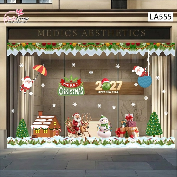 Combo Decal Trang Trí Noel Ông Già Noel Cưỡi Tuần Lộc Và Người Tuyết Trắng