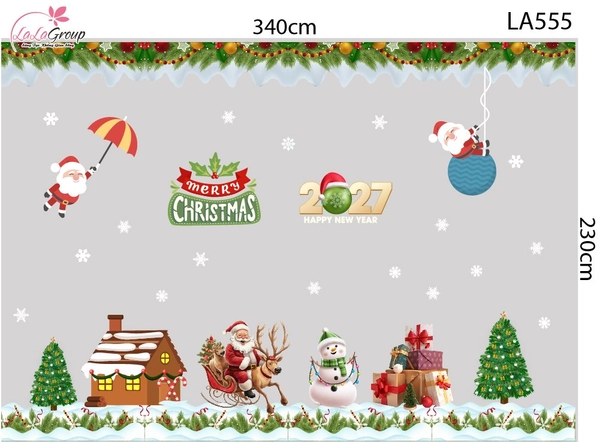 Combo Decal Trang Trí Noel Ông Già Noel Cưỡi Tuần Lộc Và Người Tuyết Trắng